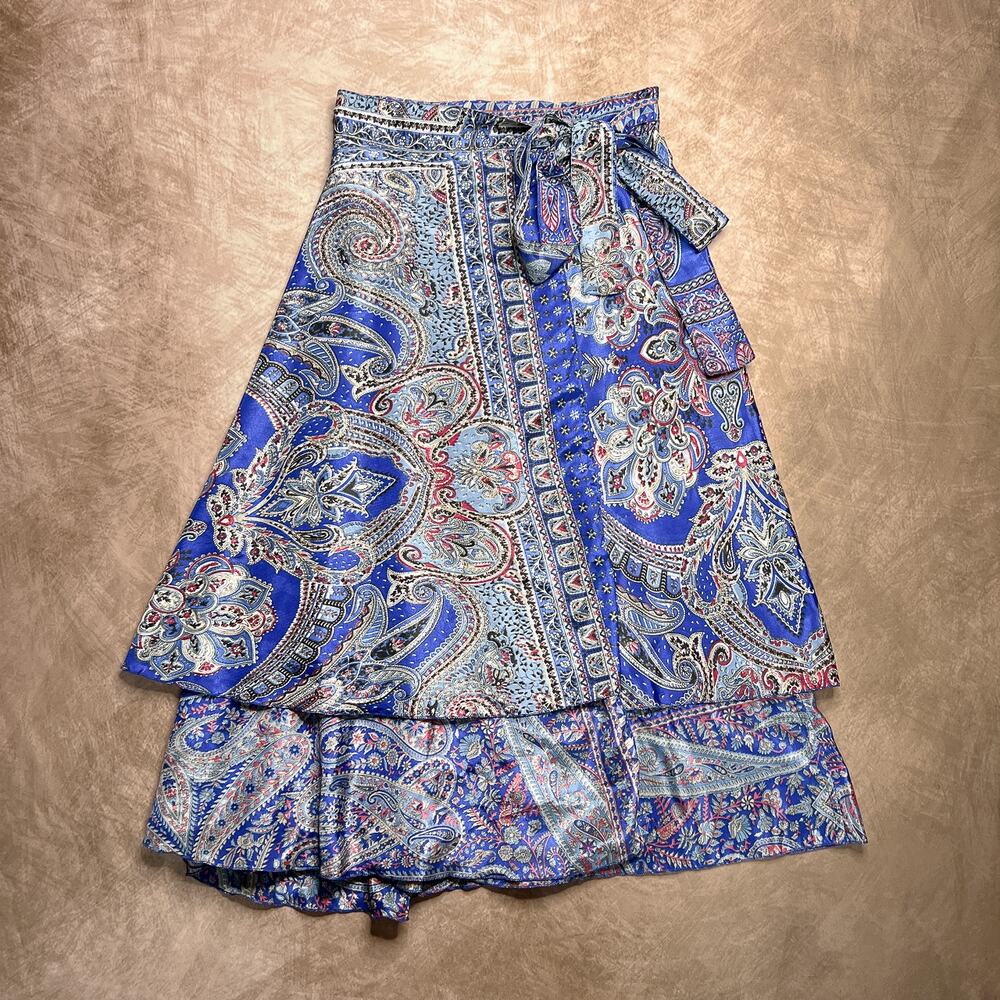 Vintage Y2K Iris Impressions Layered Paisley Wrap Maxi Skirt Blue Boho Women's L